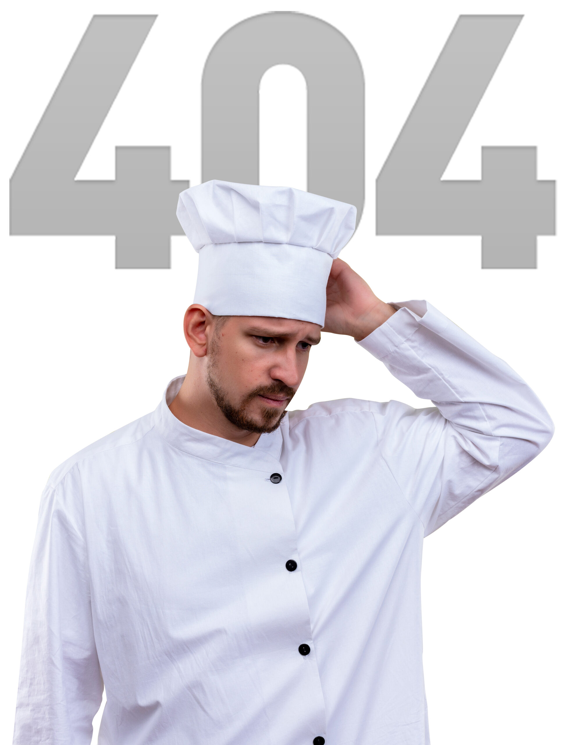 upset professional male chef cook in white uniform and cook hat